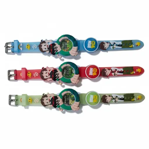 Children's Ben 10 Theme Digital Watch with Rotating Character Dial, Soft Comfortable Silicone Strap, Water-Resistant Material, Fun Animated Design for Young Fans, Available in Bright Blue, Red, and Lime Green Colors.