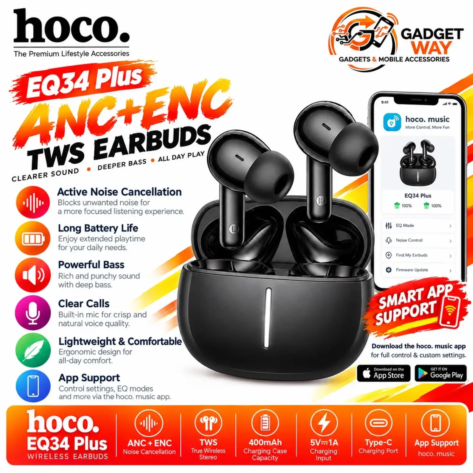 Hoco EQ34 Plus Rima ANC+ENC TWS Earbud - Image 1