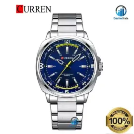 CURREN 8455 Men's Wristwatches with Round Dial Casual Stainless Steel Fashionable Casual Classic Quartz Watch For Men- Silver & Blue