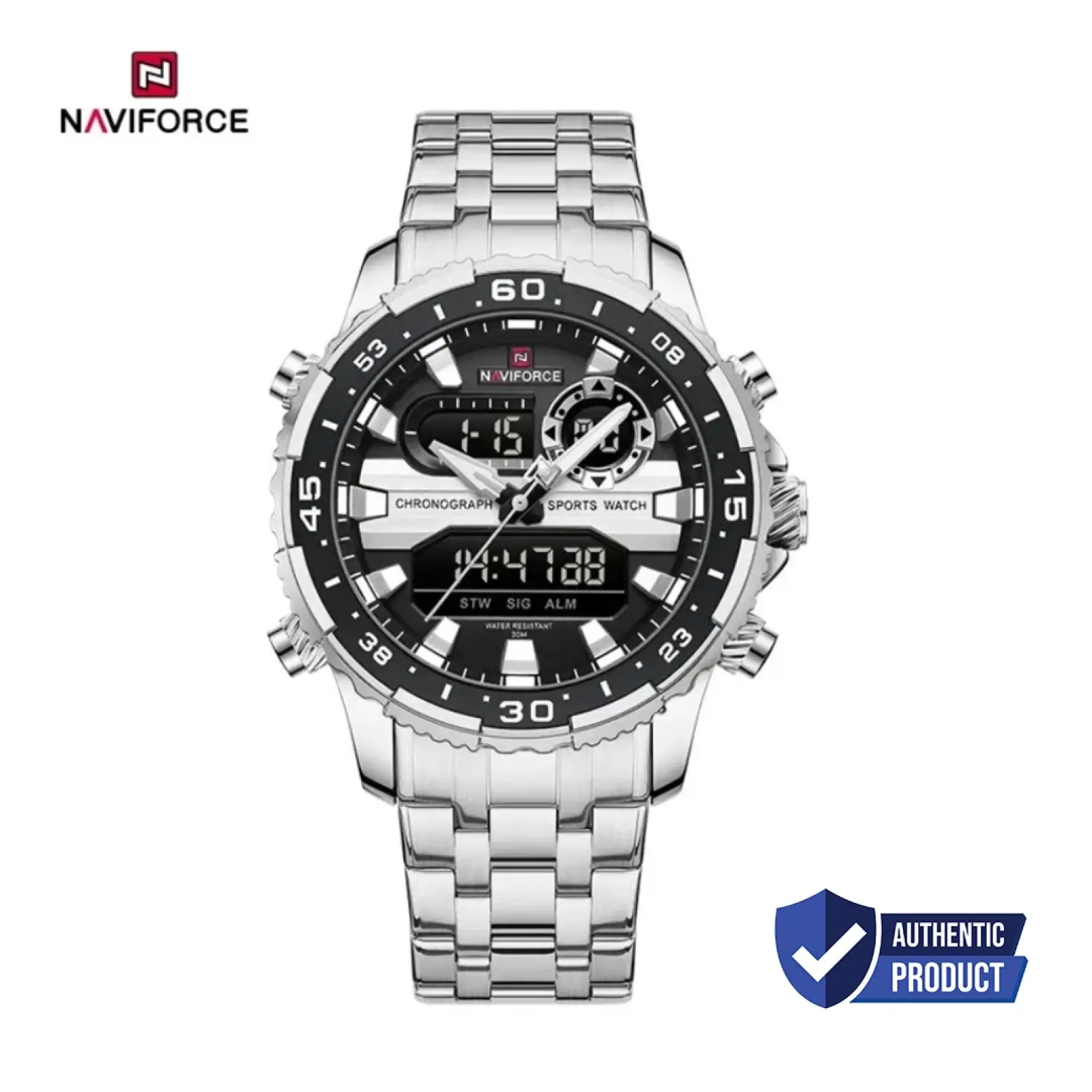 NAVIFORCE NF9234 Silver Stainless Steel Multi-Function Dual-Display ...