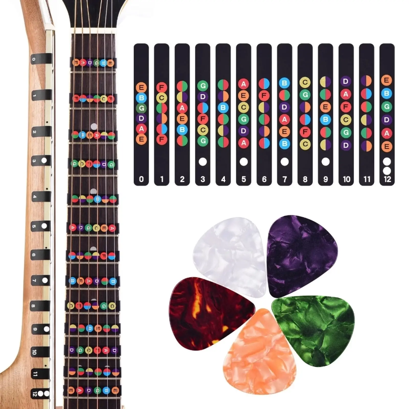 Guitar Fretboard Notes Map Labels Stickers 5 pc guitar picks