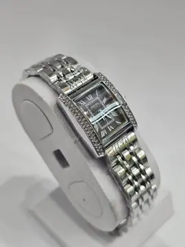 Women's Rectangular Silver-Tone Watch with Crystal-Encrusted Bezel and Roman Numeral Dial