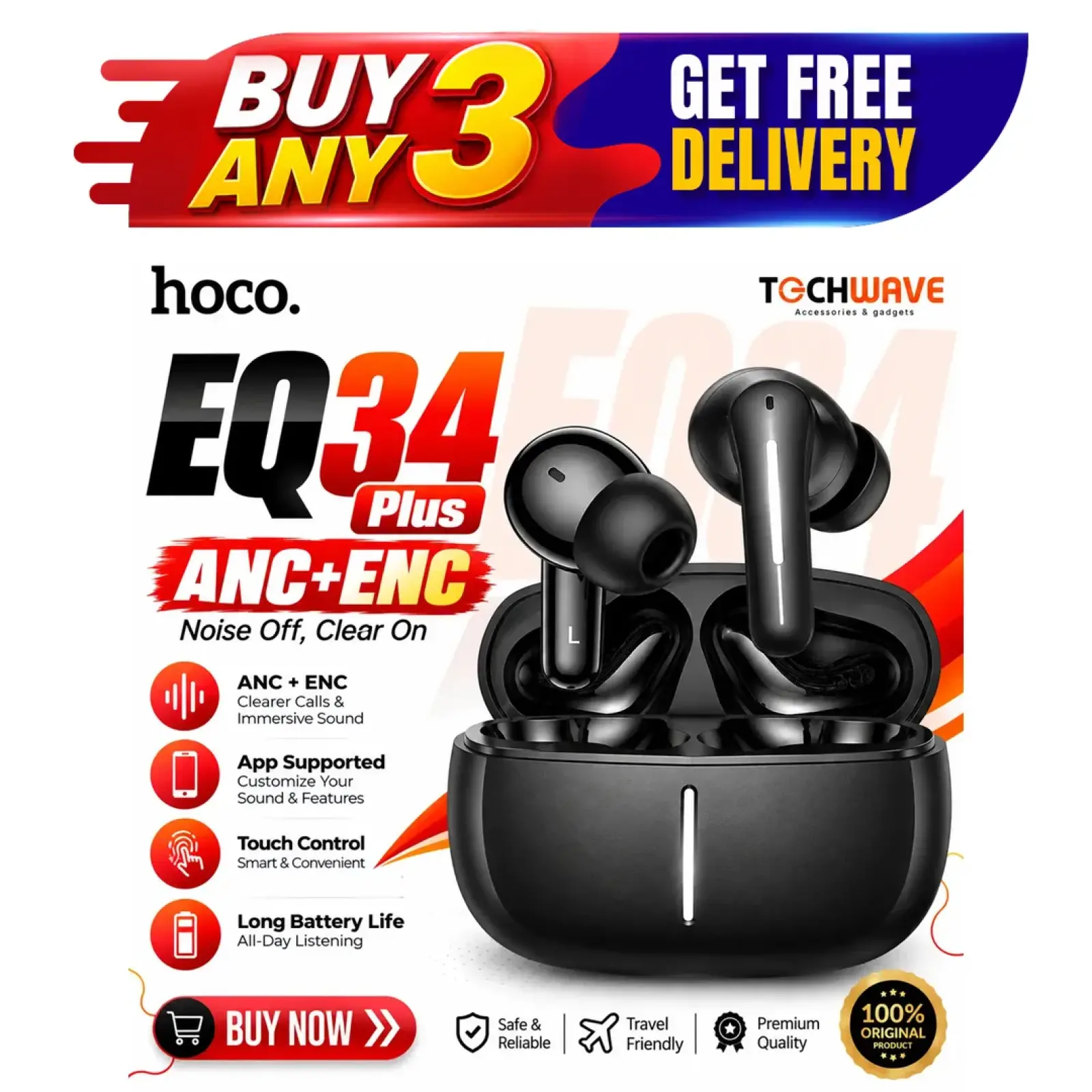 Hoco EQ34 Plus Rima ANC Wireless Earbuds - Image 1